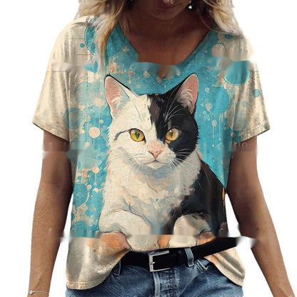 Women's Summer Cat Print Casual Short Sleeve