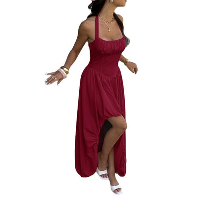Asymmetrical Neck-hanging Waist-cinching Dress