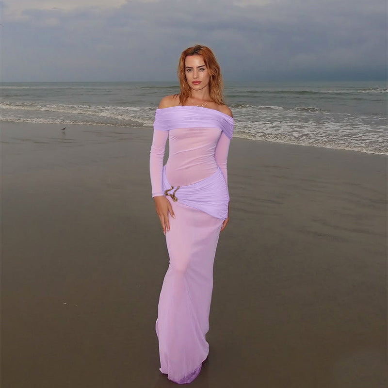 Womens Elegant Solid-Color Mesh Off-the-Shoulder Long-Sleeve Sheer Bodycon Dress