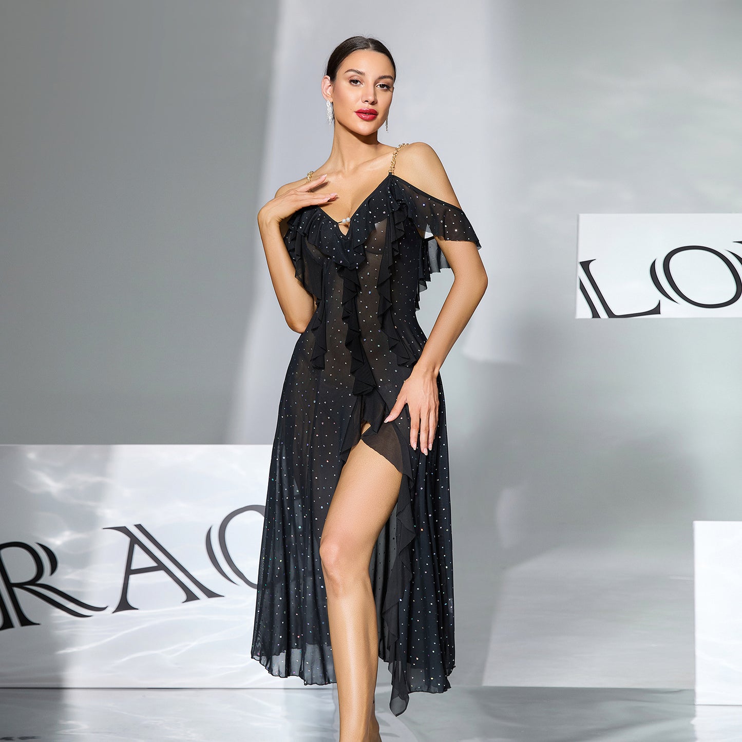 Multi-color Mesh Sequin Off-the-shoulder V-neck Split Dress