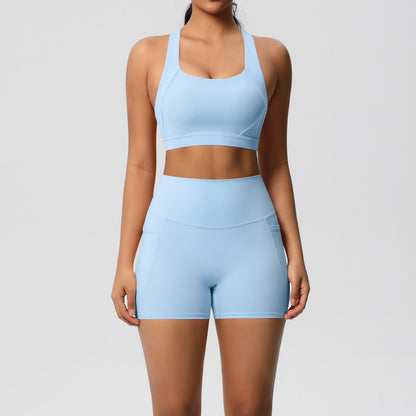 Women's Pure Color Tight Yoga Vest Sports Underwear Shorts Suit