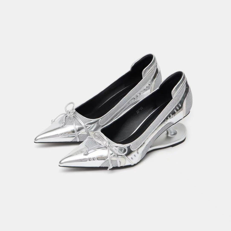 Women's Black Pointed Toe Shaped Floating Heel Mary Jane Shoes