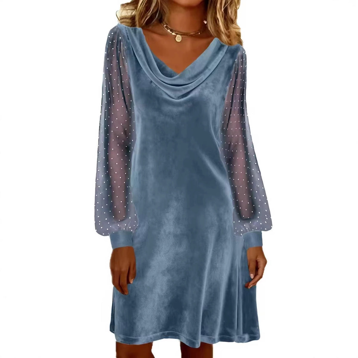 Womens Solid-Color V-Neck Mesh Dress