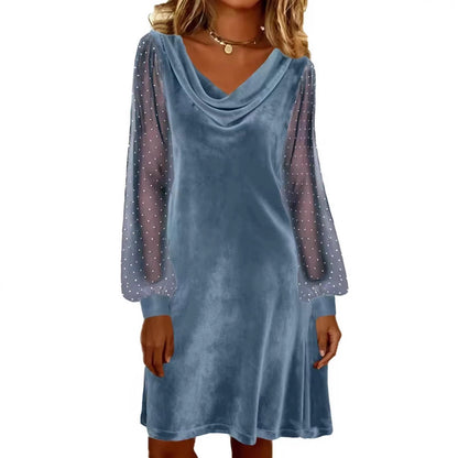 Womens Solid-Color V-Neck Mesh Dress