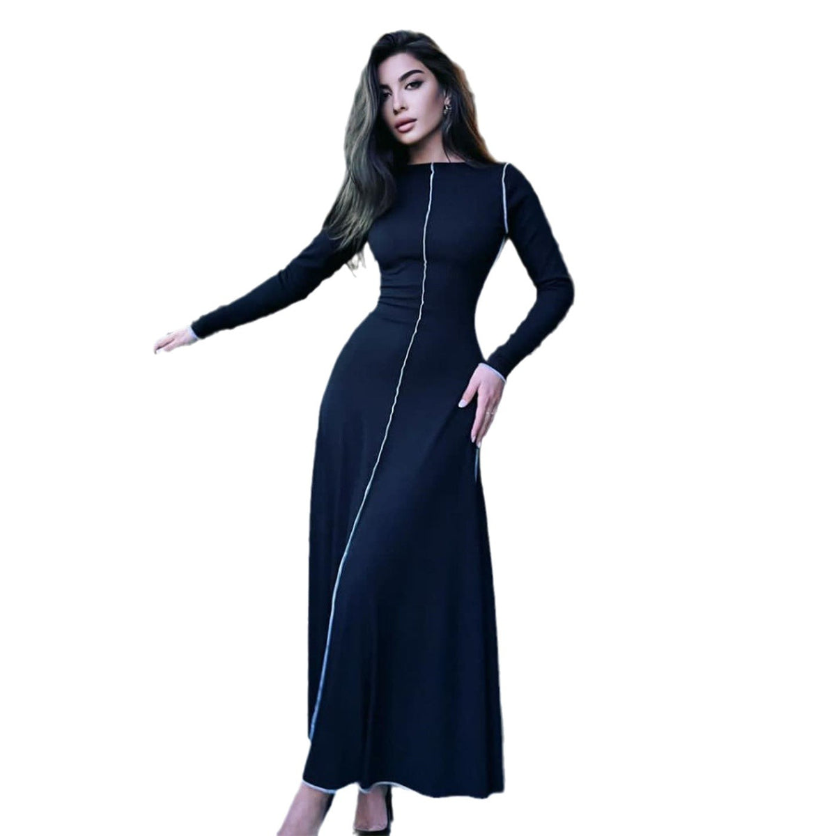 Womens Long A-line Dress With A Crew Neck