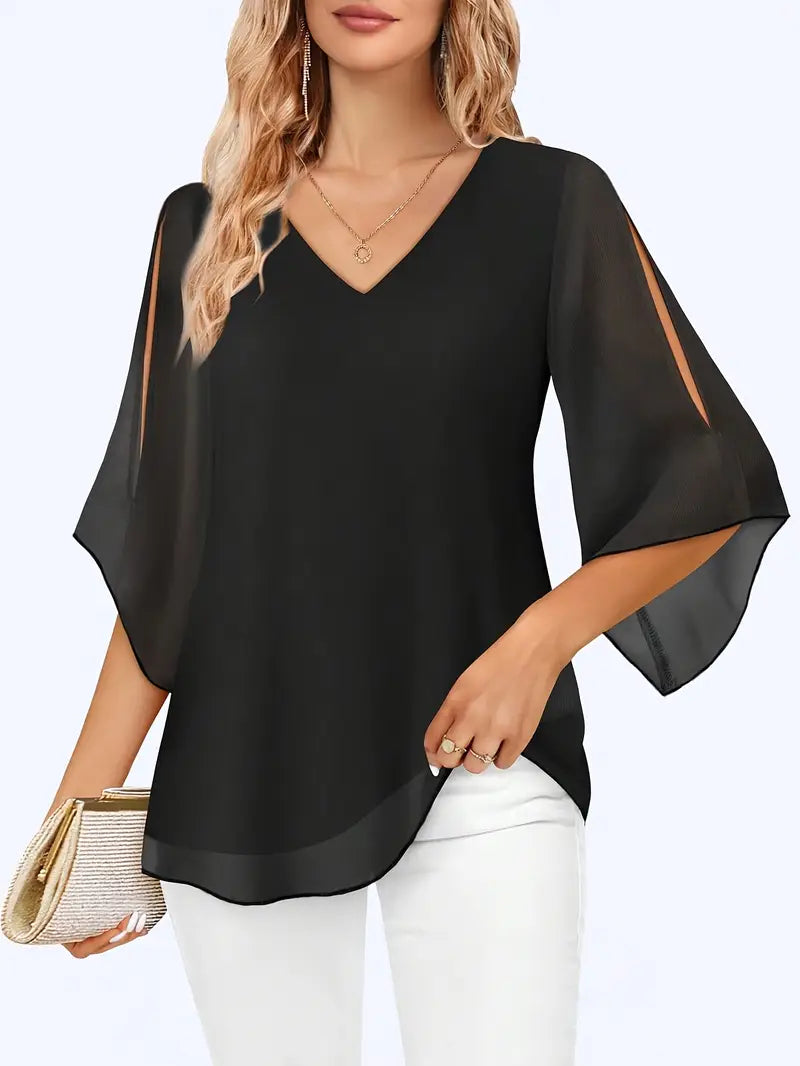 V-neck Double-layer Mesh Shirt Top