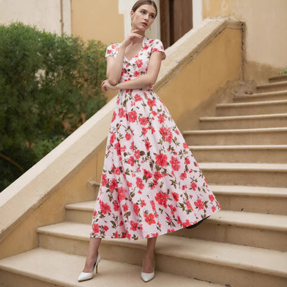Retro Casual Printed V-neck Short-sleeve Womens Dress