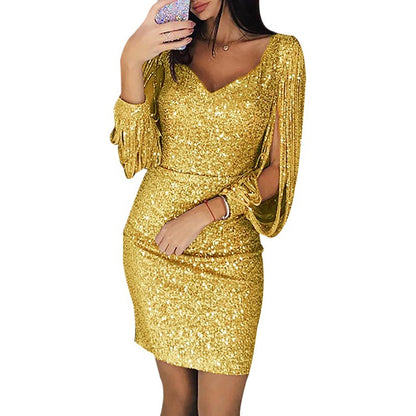 Womens Evening Tassel Sheath Dress
