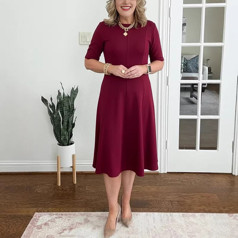 Womens Solid-Color Crew-Neck Short-Sleeve Dress