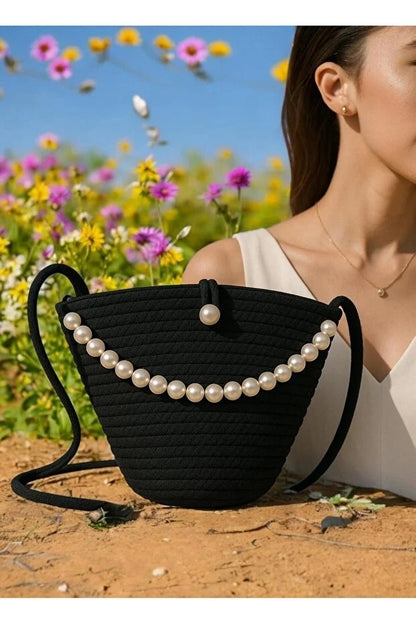 Women Black Pearl Design Classic Shoulder Bag