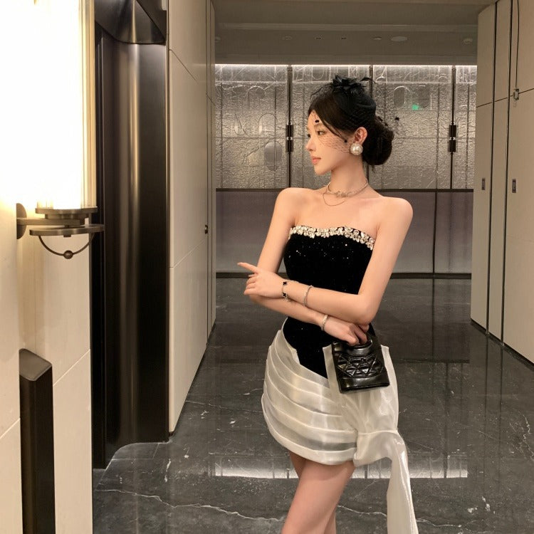 Light-luxury Niche Waist-cinching Contrast-color Sequin Dress