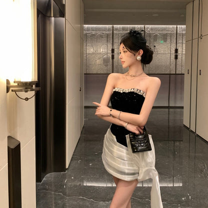 Light-luxury Niche Waist-cinching Contrast-color Sequin Dress