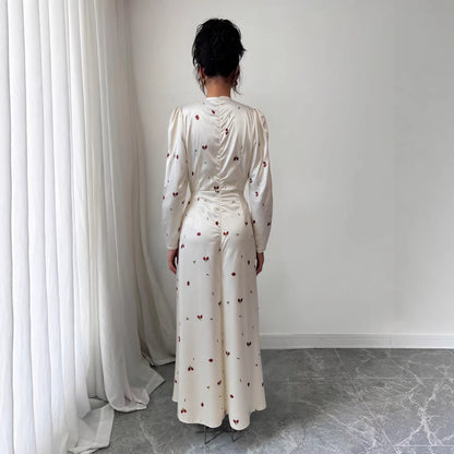 New V-neck Puff-sleeved Waist-cinched Satin Dress With A Cherry Print