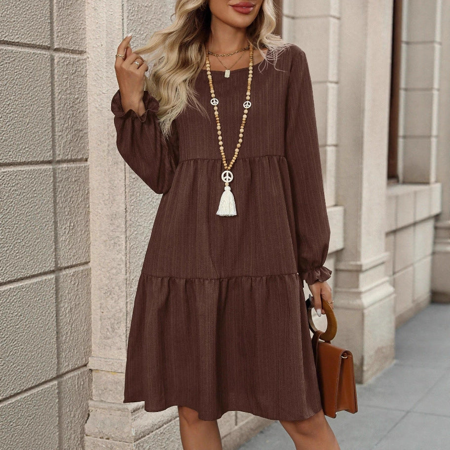 Womens Solid-Color Crew-Neck Casual All-Match Dress