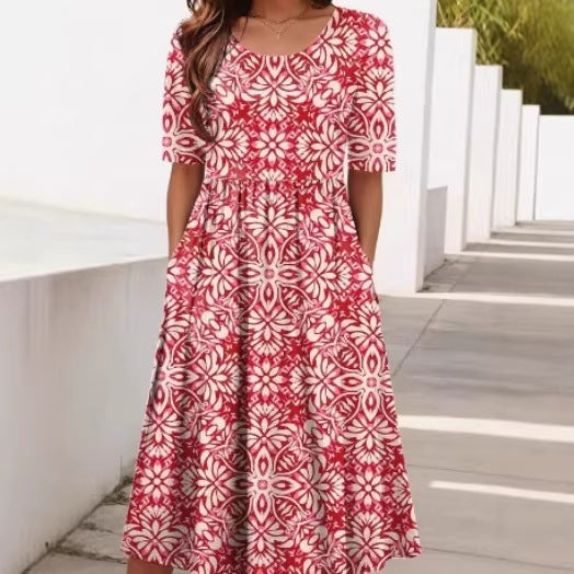 Womens Round-Neck Mid-Waist Printed Swing Dress