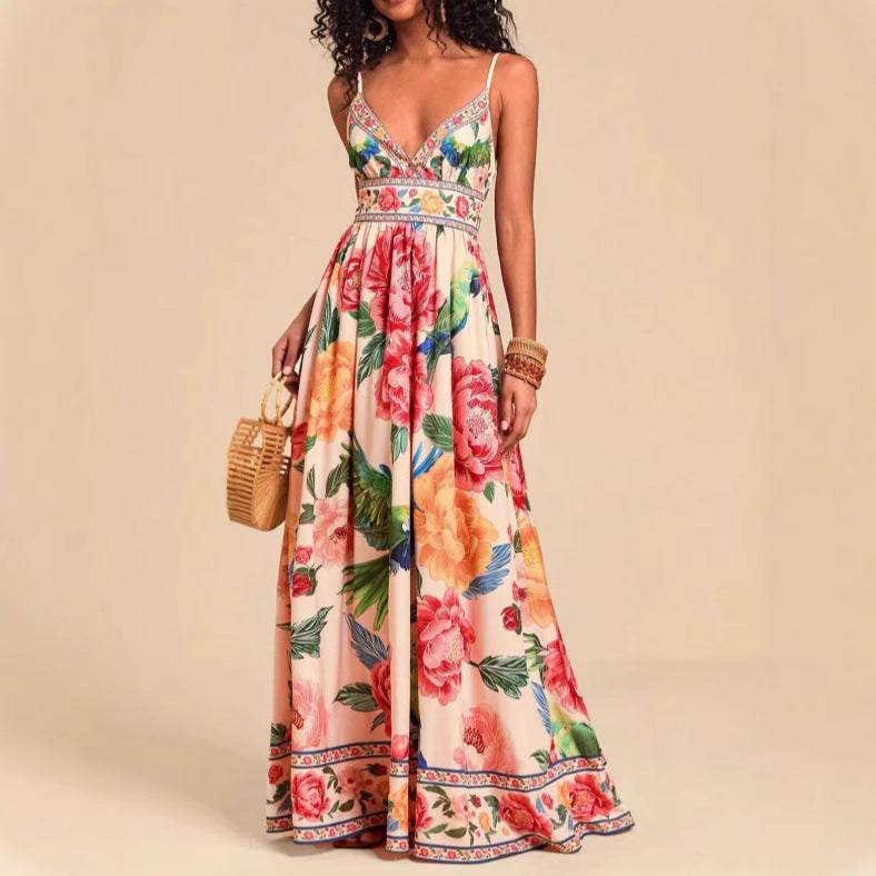 New Strap Print V-Neck Extra-Long Knitted Dress
