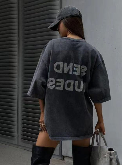 American-style Retro Washed Cotton Letter Rhinestone Short Sleeve Top