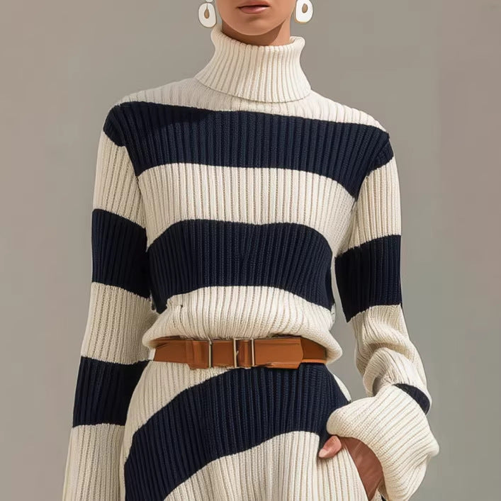 Navy And White Contrast-striped Long-sleeve Dress