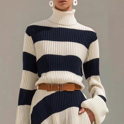 Navy And White Contrast-striped Long-sleeve Dress