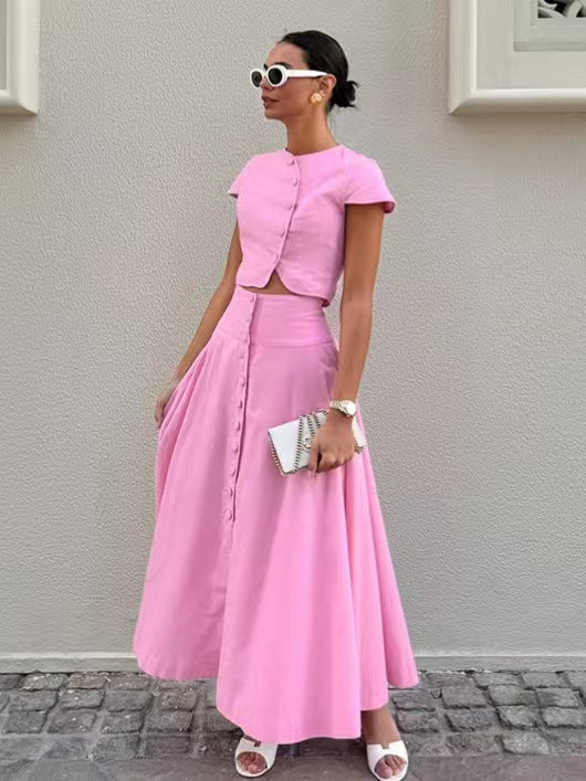 Solid-Color Buttoned Short-Sleeve Top And Flared Maxi Skirt Two-Piece Set