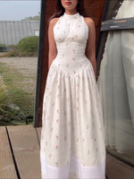 White Floral Print Turtleneck Sleeveless Waist-Cinched Maxi Dress