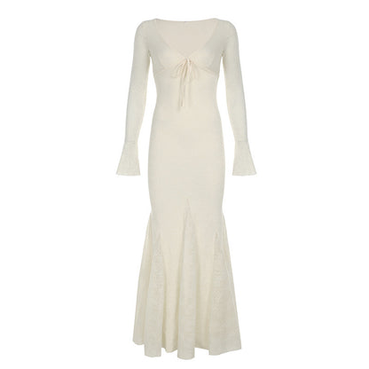 French-style Ethereal Jacquard Lace V-Neck Dress With Ties
