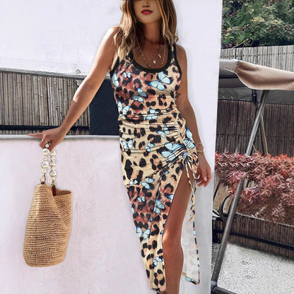Contrast-color Ribbed Print Drawstring Dress