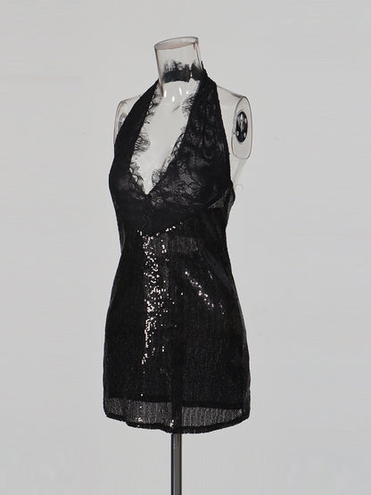 Fashionable Neck Hanging Sequin Waist Cinching Short Dress