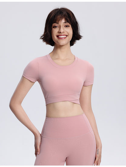 Women's Yoga Short Double-layer Hem With Chest Pad Sports Running Tight Round Neck Top