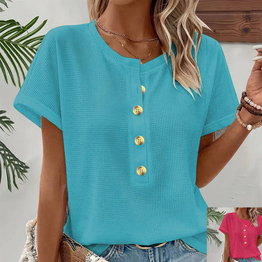 Buttoned Crew-neck Batwing-sleeve Loose-fit T-shirt Top