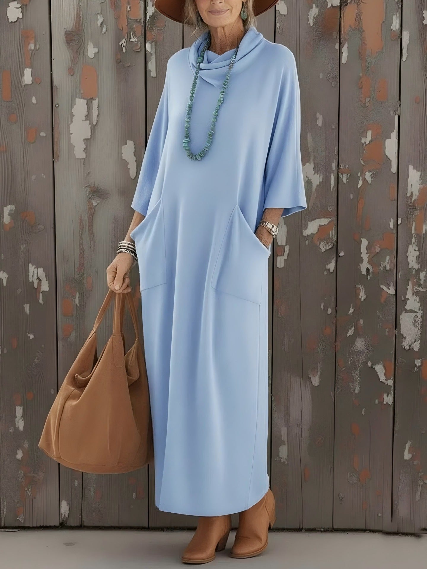 Womens Loose Knitted Dress With High Neck And Pockets