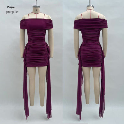 Off-the-shoulder Pleated Flowing Ribbon-fit Mini Dress