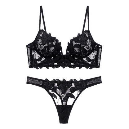 European And American Underwear Gathered Deep V Three-dimensional Embroidery Mesh