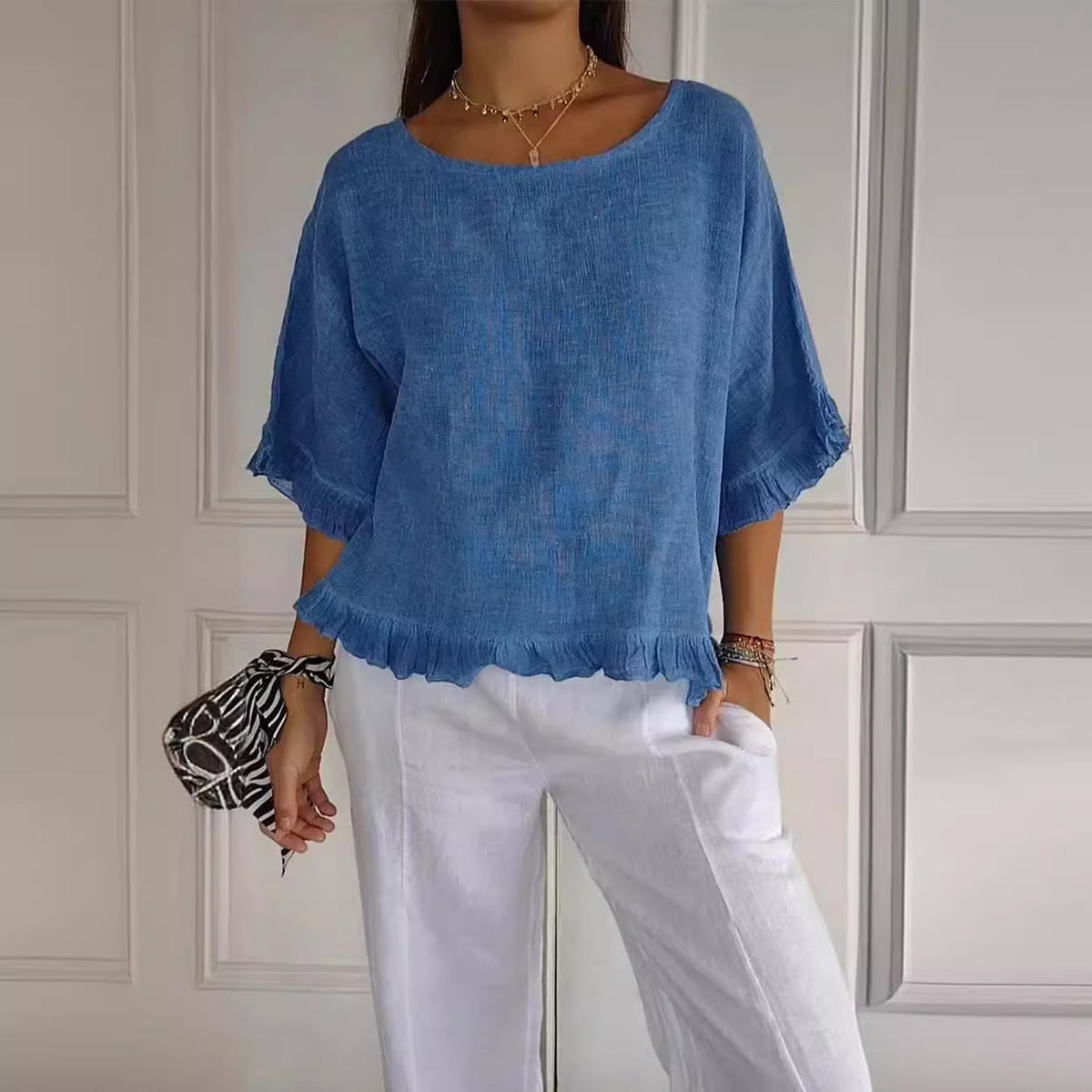 Pure Color Ruffles T-shirt Female Casual Short-sleeved Top