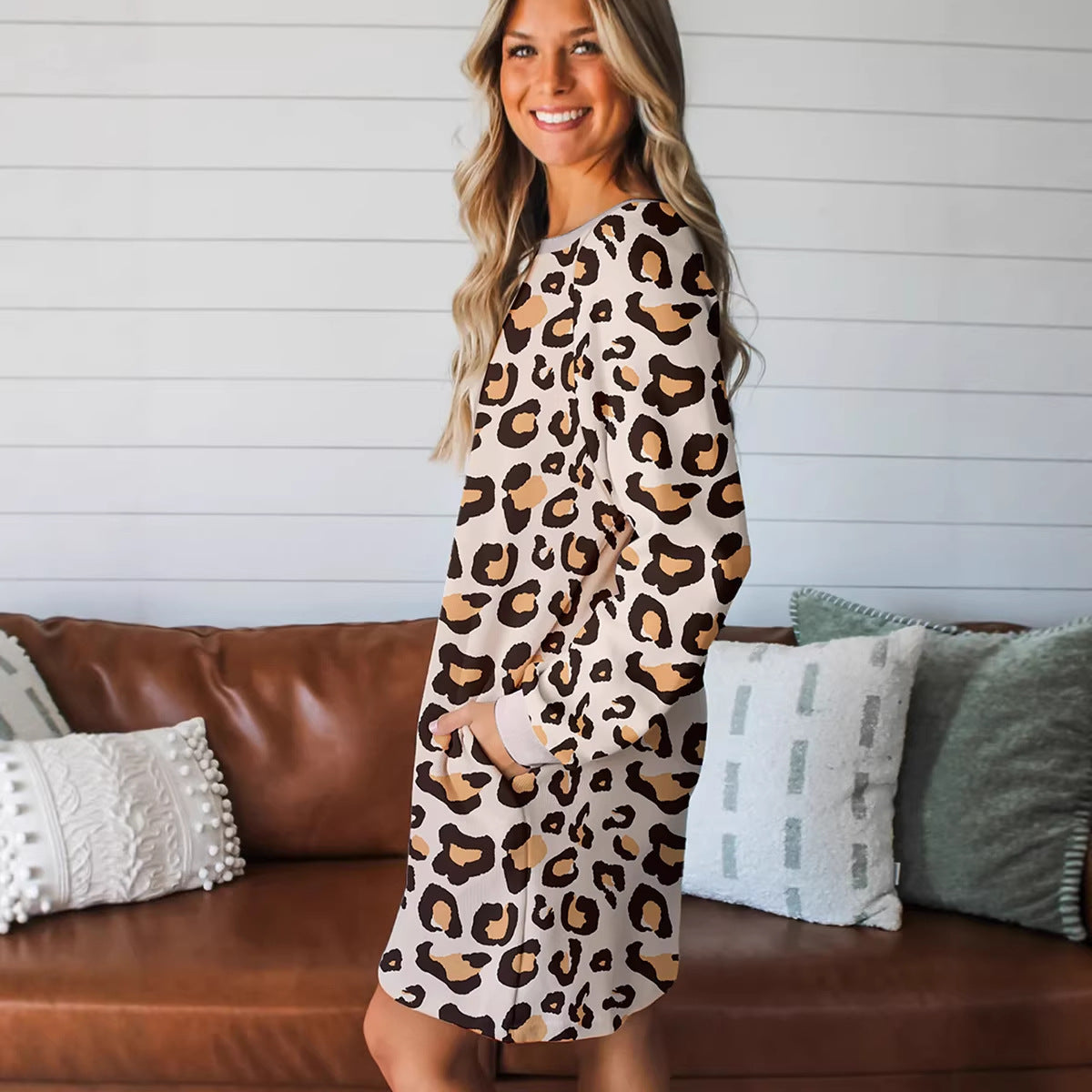 Womens Relaxed Casual Leopard-print Long-sleeve Dress