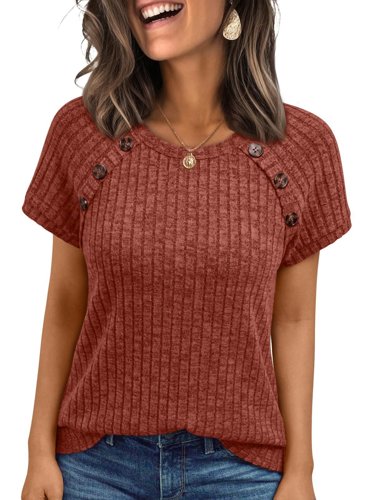 Womens Ribbed Crew-neck Button-panel Short-sleeve Top