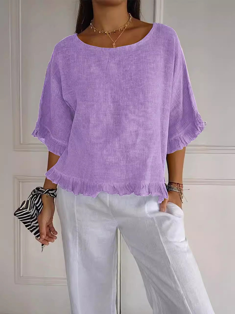 Pure Color Ruffles T-shirt Female Casual Short-sleeved Top