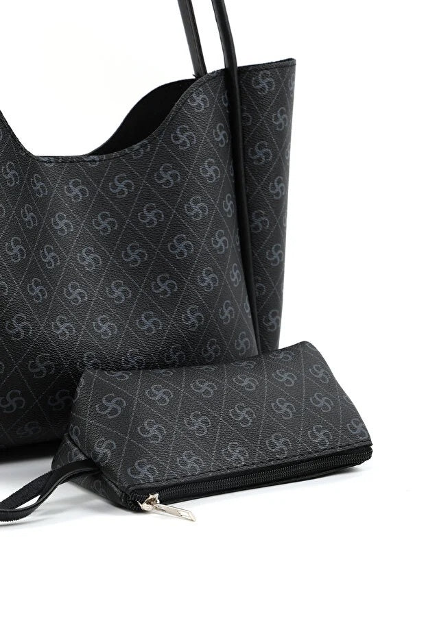 Monogram Black Faux Leather Hand And Shoulder Bag