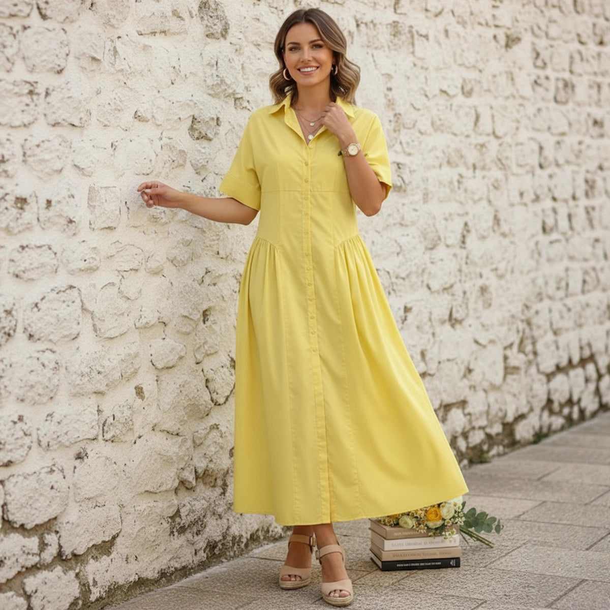 Loose Womens Casual Short-Sleeve Button-Down Dress For Women