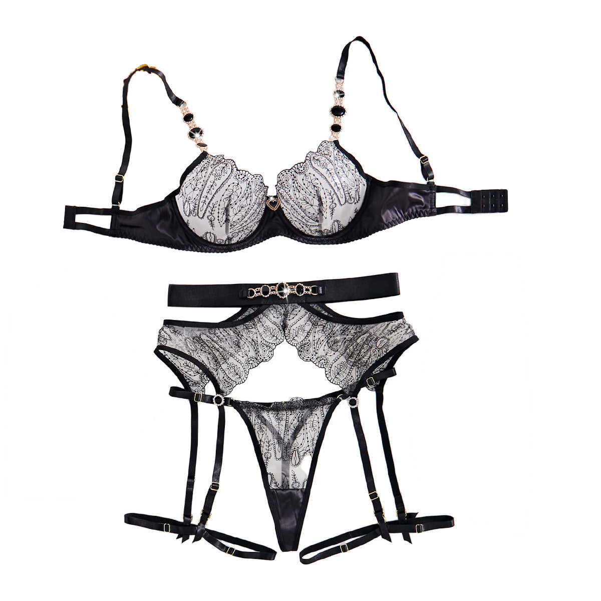 Gem Metal Chain See-through Love Underwear Four-piece Set