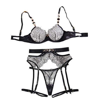 Gem Metal Chain See-through Love Underwear Four-piece Set