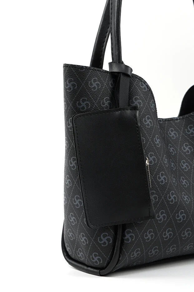 Monogram Black Faux Leather Hand And Shoulder Bag