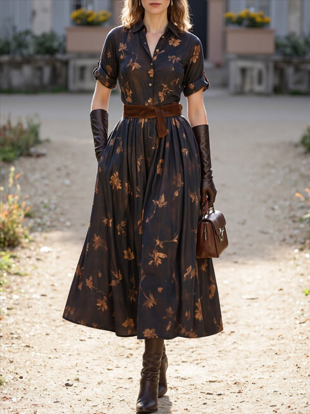 Womens Casual Retro Printed Waist-Cinching Short-Sleeve Dress