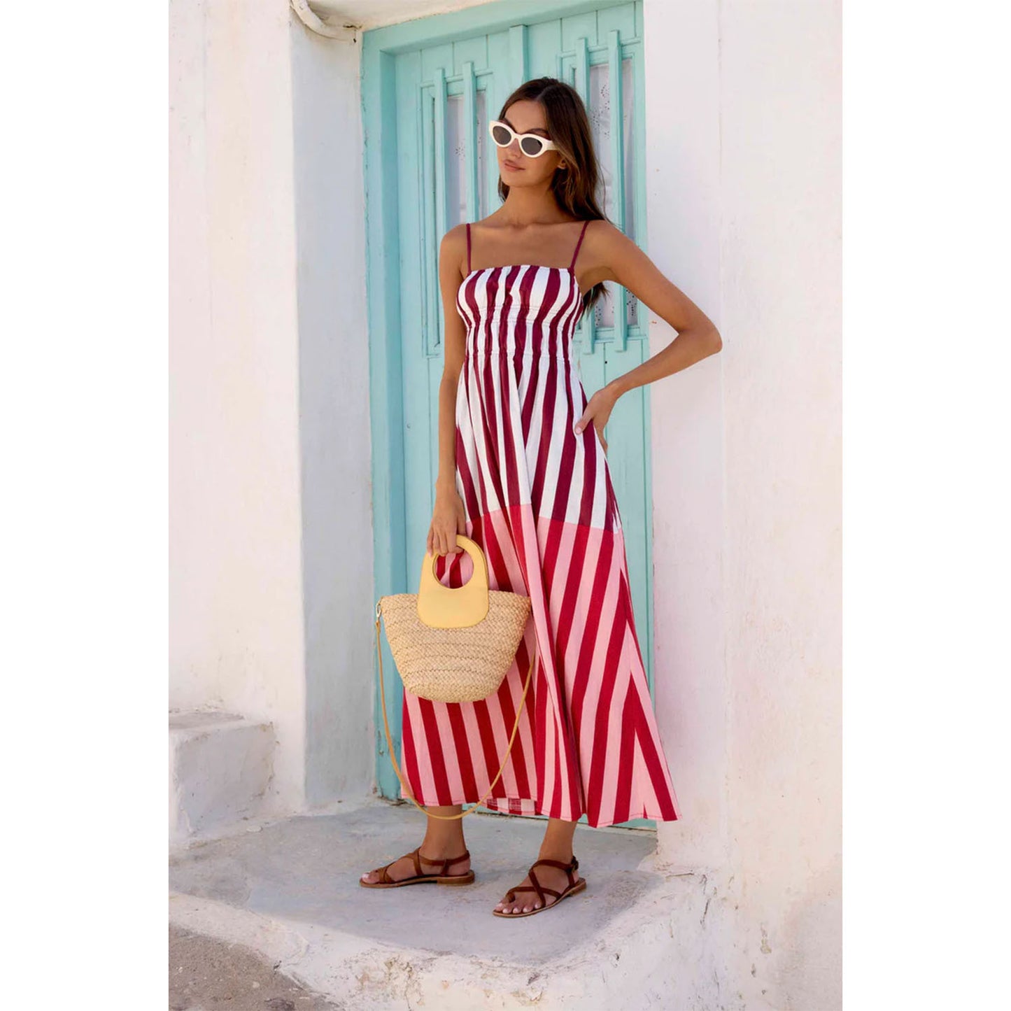 One Collar Striped Mid Waist Printed Mid Length Dress