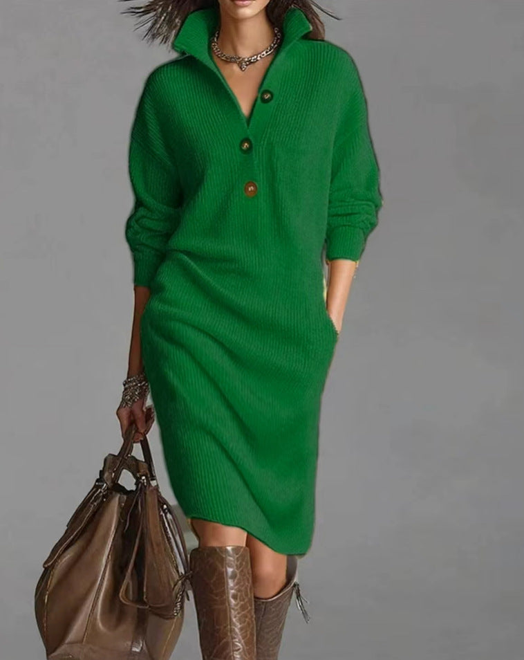 Casual Button Lapel Straight Knit Medium To Long Haired Dress