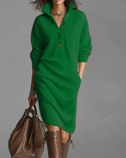 Casual Button Lapel Straight Knit Medium To Long Haired Dress