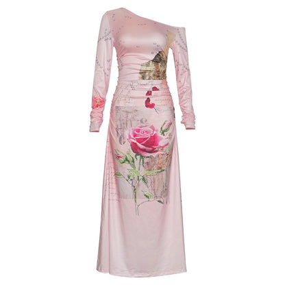 One-shoulder Long-sleeved Printed Maxi Dress