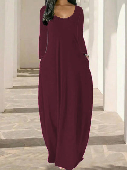Womens Solid-Color Crew-Neck Long-Sleeve Dress With Pockets