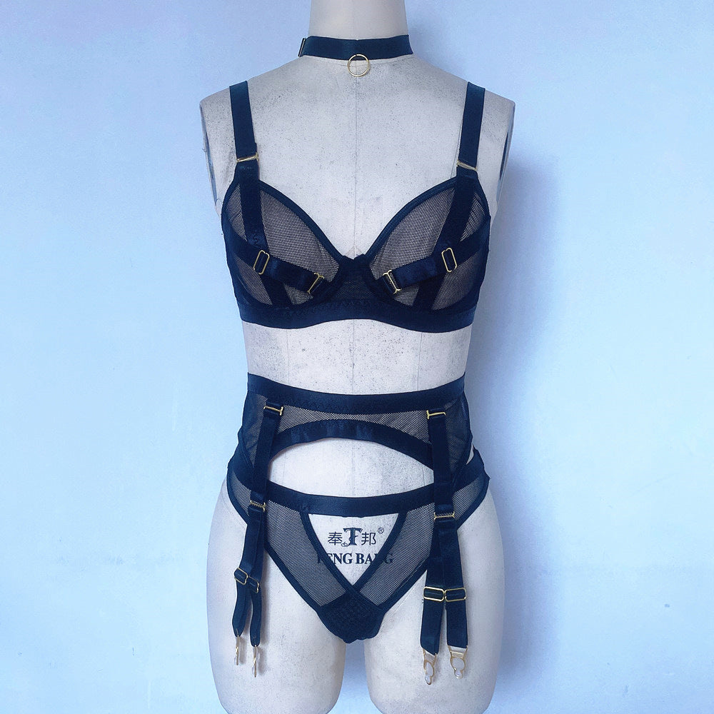 Women's Fashion Mesh Heavy Industry Push Up Bra Strap Steel Ring Garter Underwear Suit