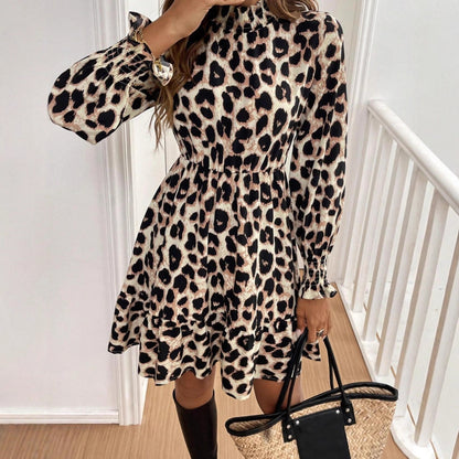 Leopard-print Cuff And Collar Ruched Waist Long-sleeve Dress